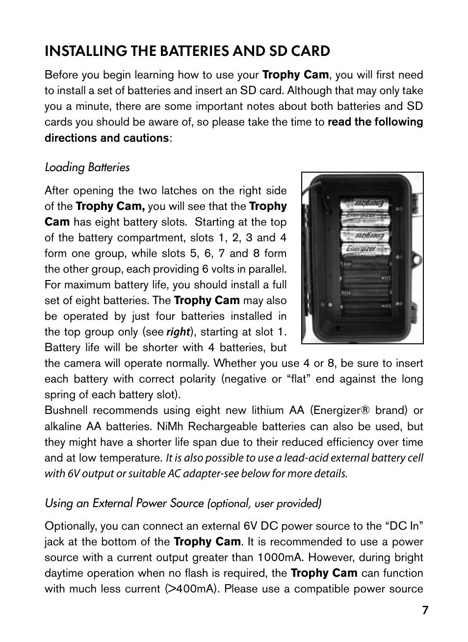 Installing the batteries and sd card | Bushnell Trophy Cam 119445 User Manual | Page 7 / 200