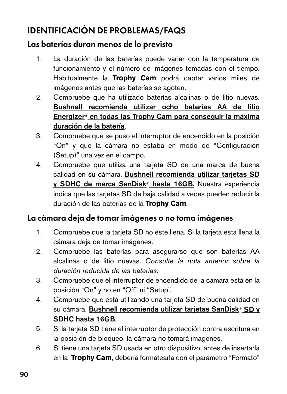 Identificación de problemas/faqs, Las baterías duran menos de lo previsto | Bushnell Trophy Cam 119445 User Manual | Page 90 / 200