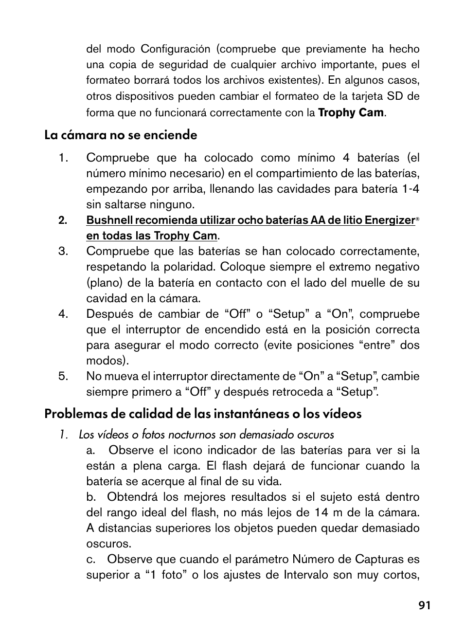 La cámara no se enciende | Bushnell Trophy Cam 119445 User Manual | Page 91 / 200