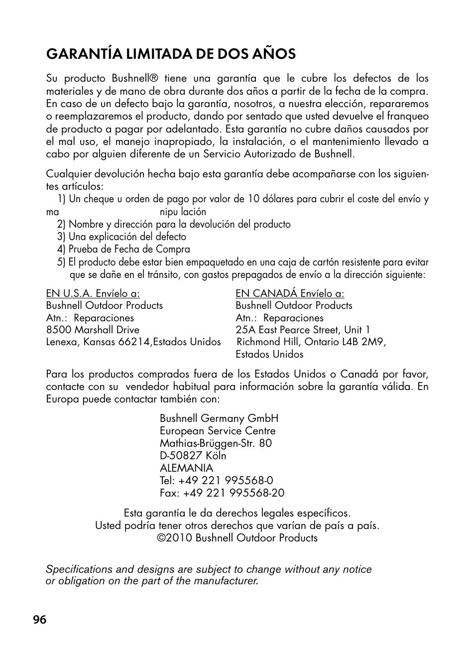 Garantía limitada de dos años | Bushnell Trophy Cam 119445 User Manual | Page 96 / 200