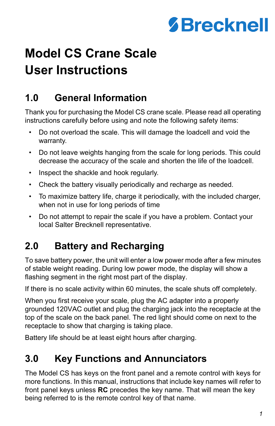 Salter Brecknell CS Series Crane User Manual | 12 pages