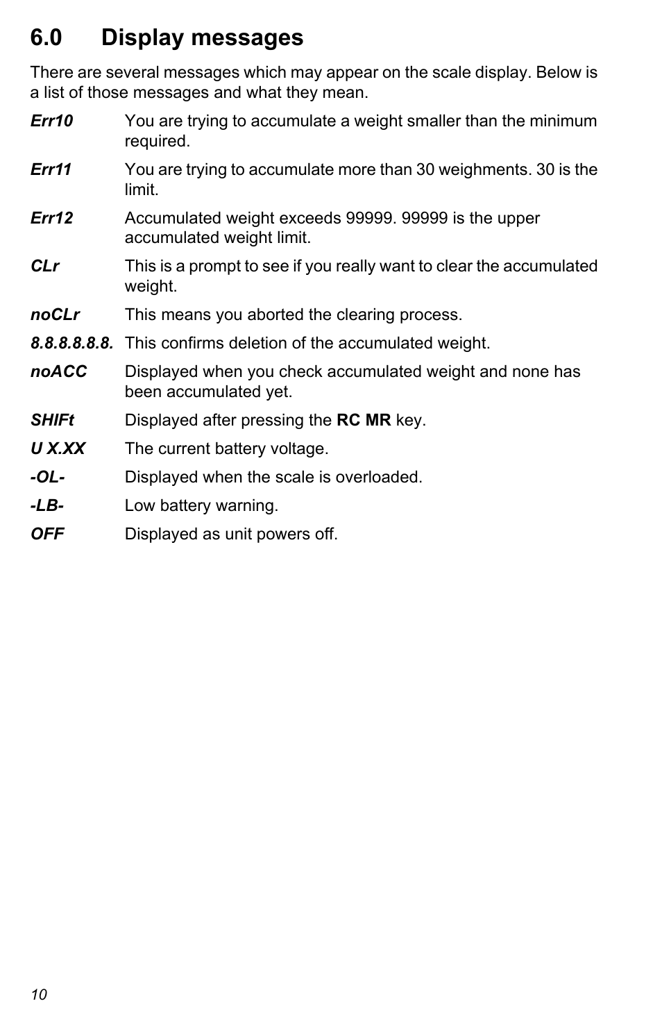 0 display messages | Salter Brecknell CS Series Crane User Manual | Page 10 / 12