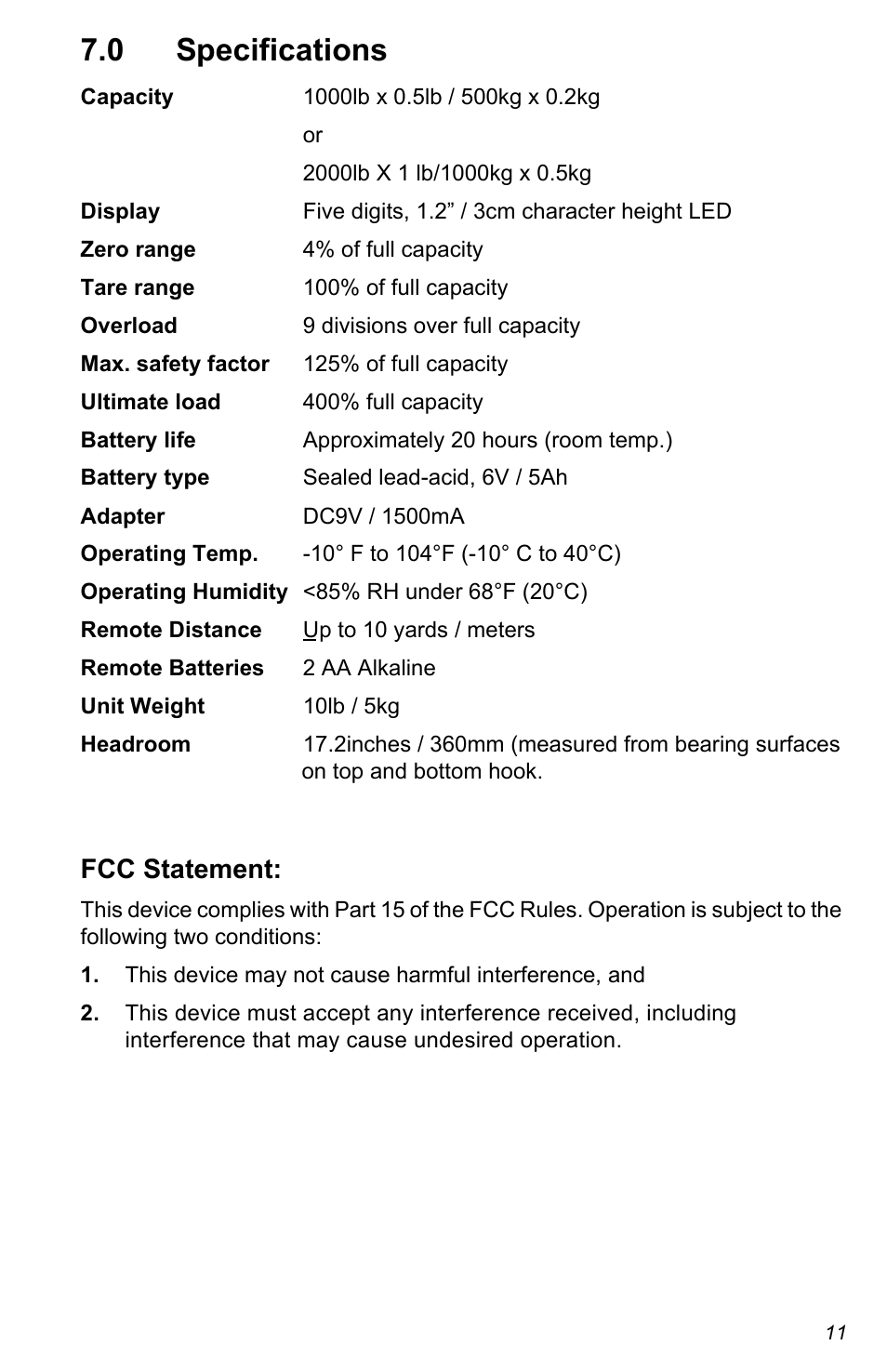 0 specifications, Fcc statement | Salter Brecknell CS Series Crane User Manual | Page 11 / 12