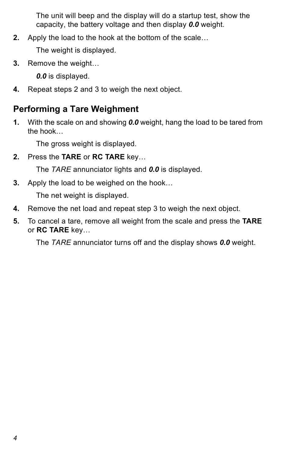 Performing a tare weighment | Salter Brecknell CS Series Crane User Manual | Page 4 / 12
