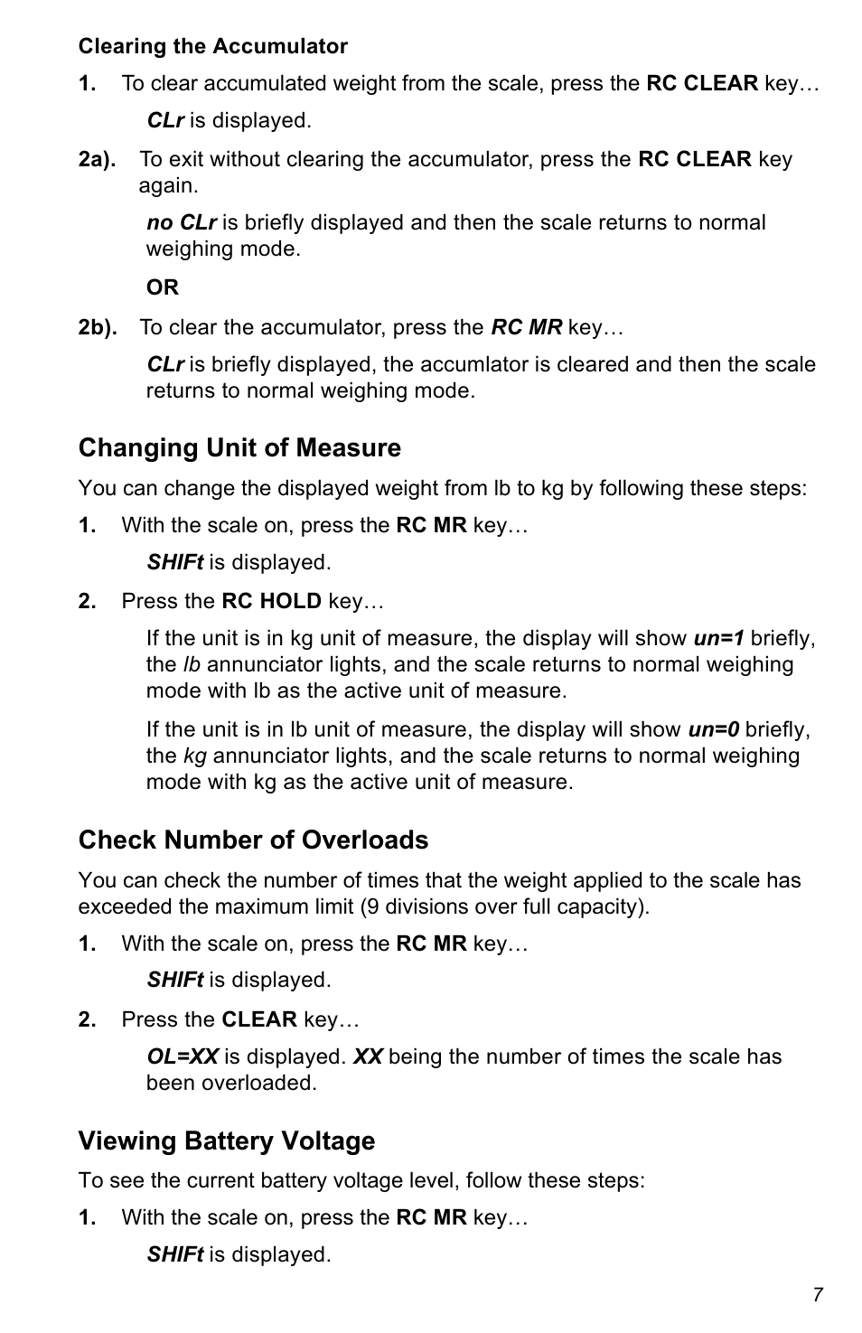 Changing unit of measure, Check number of overloads, Viewing battery voltage | Salter Brecknell CS Series Crane User Manual | Page 7 / 12