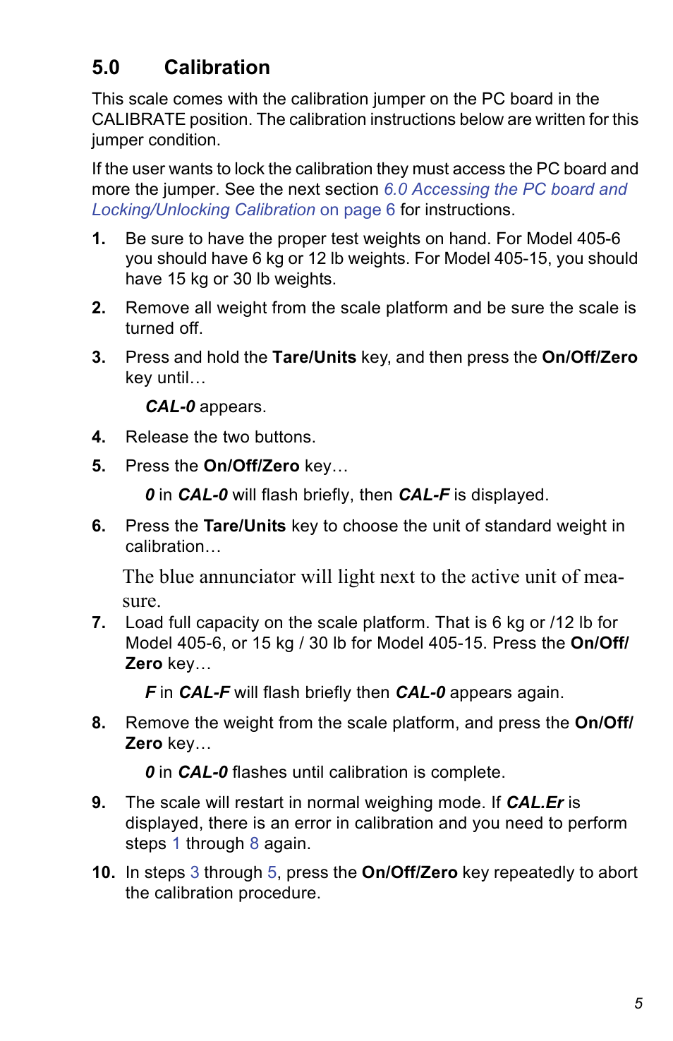 0 calibration | Salter Brecknell 405 User Manual | Page 5 / 12