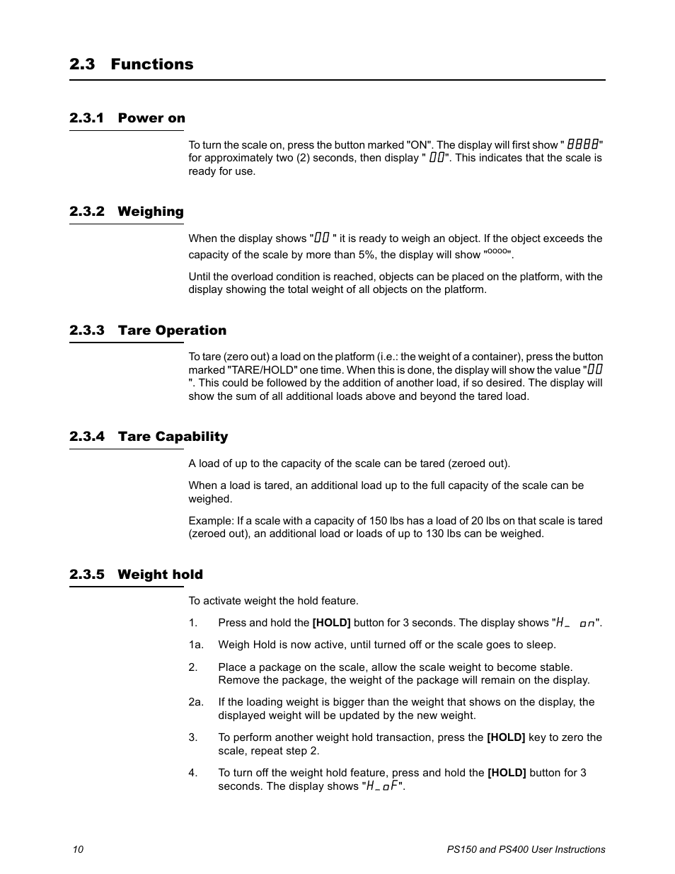 3 functions, 1 power on, 2 weighing | 3 tare operation, 4 tare capability, 5 weight hold, Functions | Salter Brecknell PS400 User Manual | Page 12 / 15