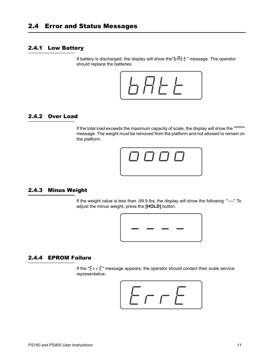 4 error and status messages, 1 low battery, 2 over load | 3 minus weight, 4 eprom failure, Error and status messages, Low battery over load minus weight eprom failure | Salter Brecknell PS400 User Manual | Page 13 / 15