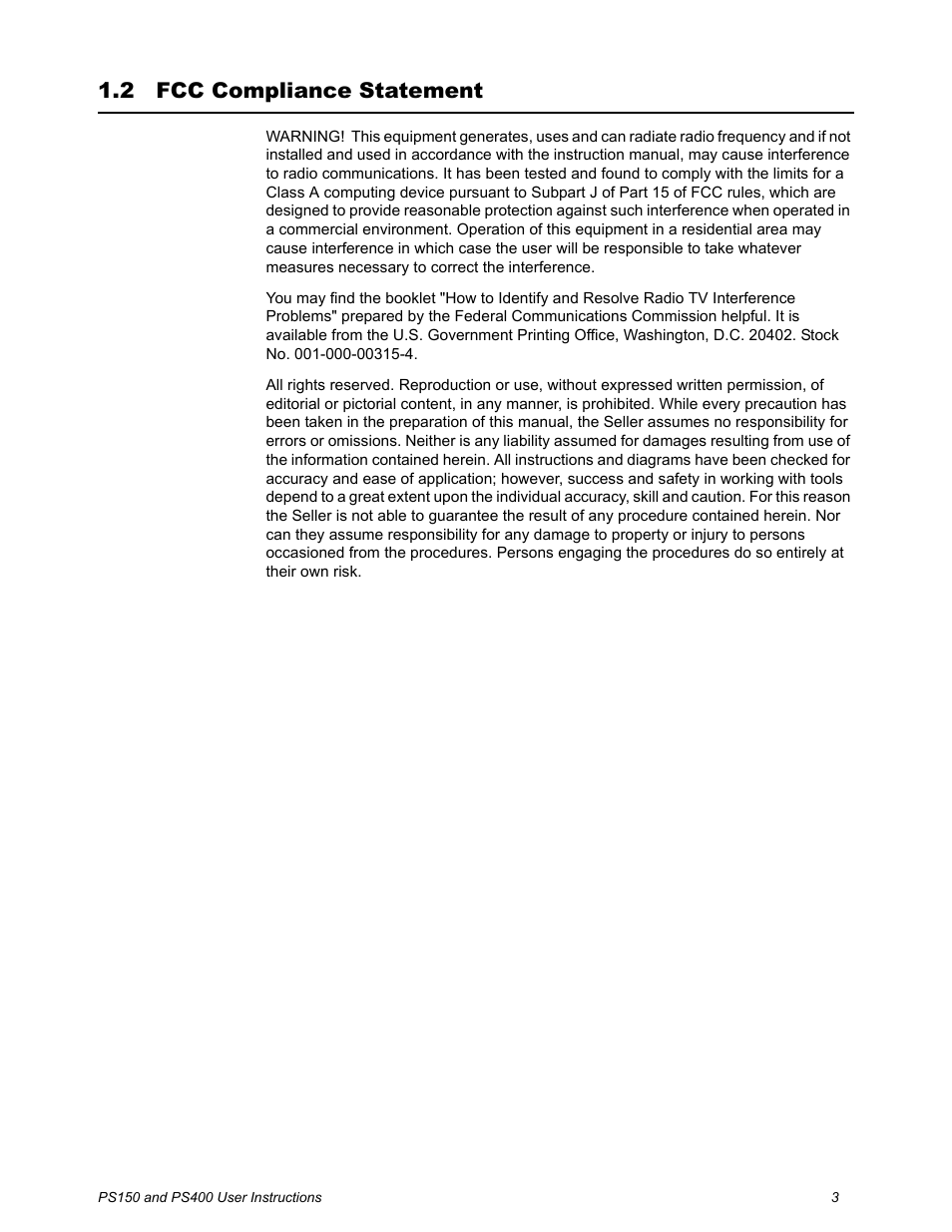 2 fcc compliance statement, Fcc compliance statement | Salter Brecknell PS400 User Manual | Page 5 / 15