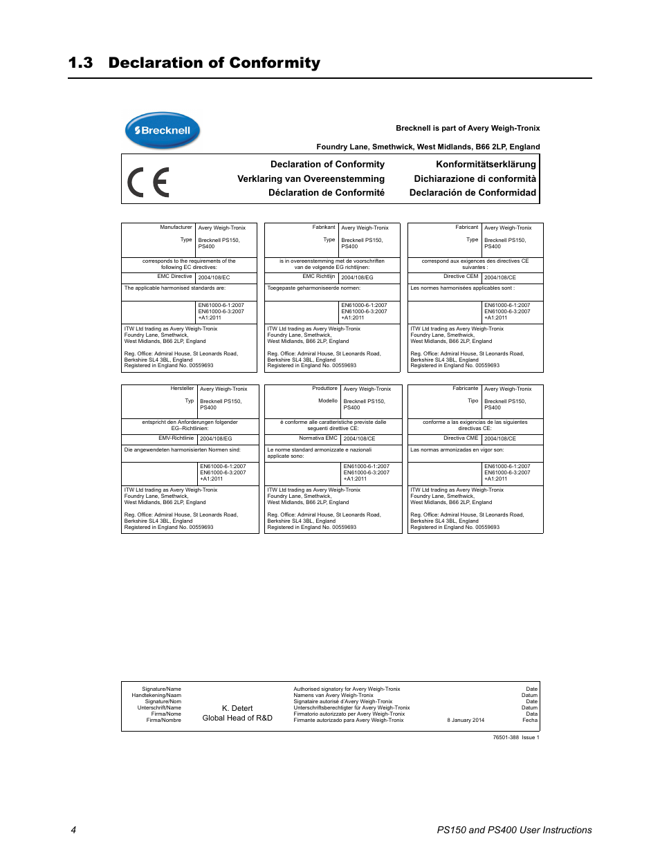 3 declaration of conformity, Declaration of conformity | Salter Brecknell PS400 User Manual | Page 6 / 15