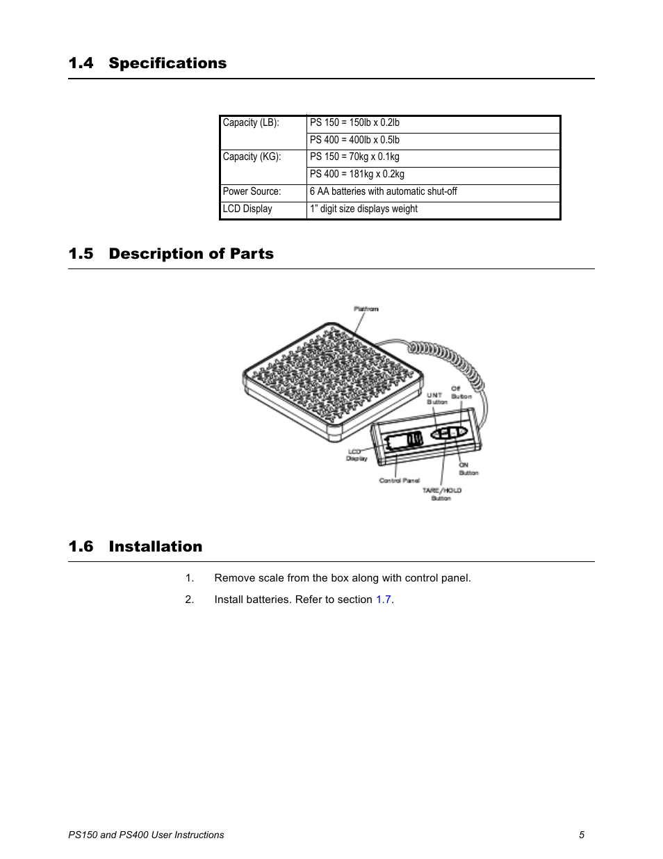 4 specifications, 5 description of parts, 6 installation | Specifications description of parts installation | Salter Brecknell PS400 User Manual | Page 7 / 15