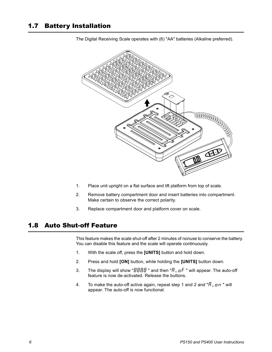 7 battery installation, 8 auto shut-off feature, Battery installation auto shut-off feature | Salter Brecknell PS400 User Manual | Page 8 / 15