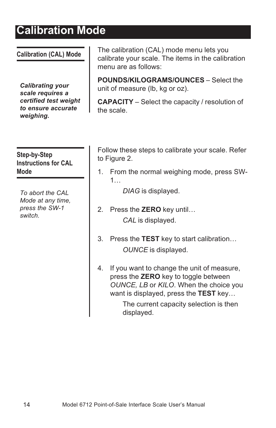 Calibration mode | Salter Brecknell 6712 User Manual | Page 14 / 24