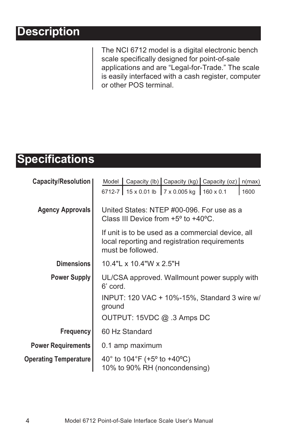 Description, Specifications | Salter Brecknell 6712 User Manual | Page 4 / 24