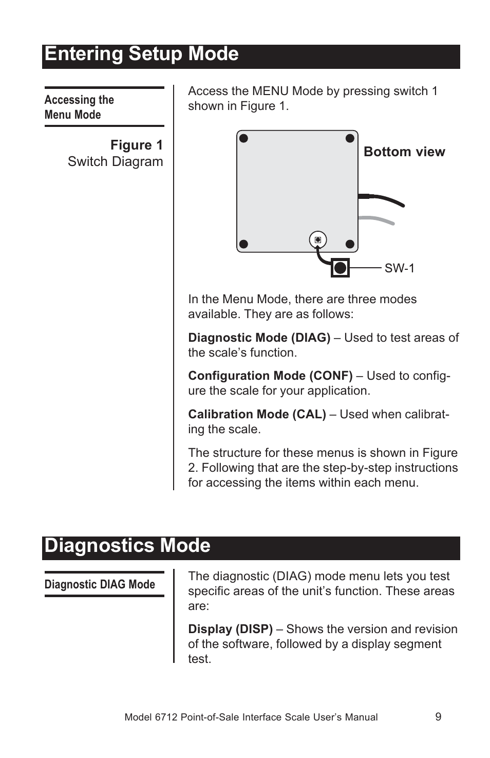 Entering setup mode, Diagnostics mode | Salter Brecknell 6712 User Manual | Page 9 / 24