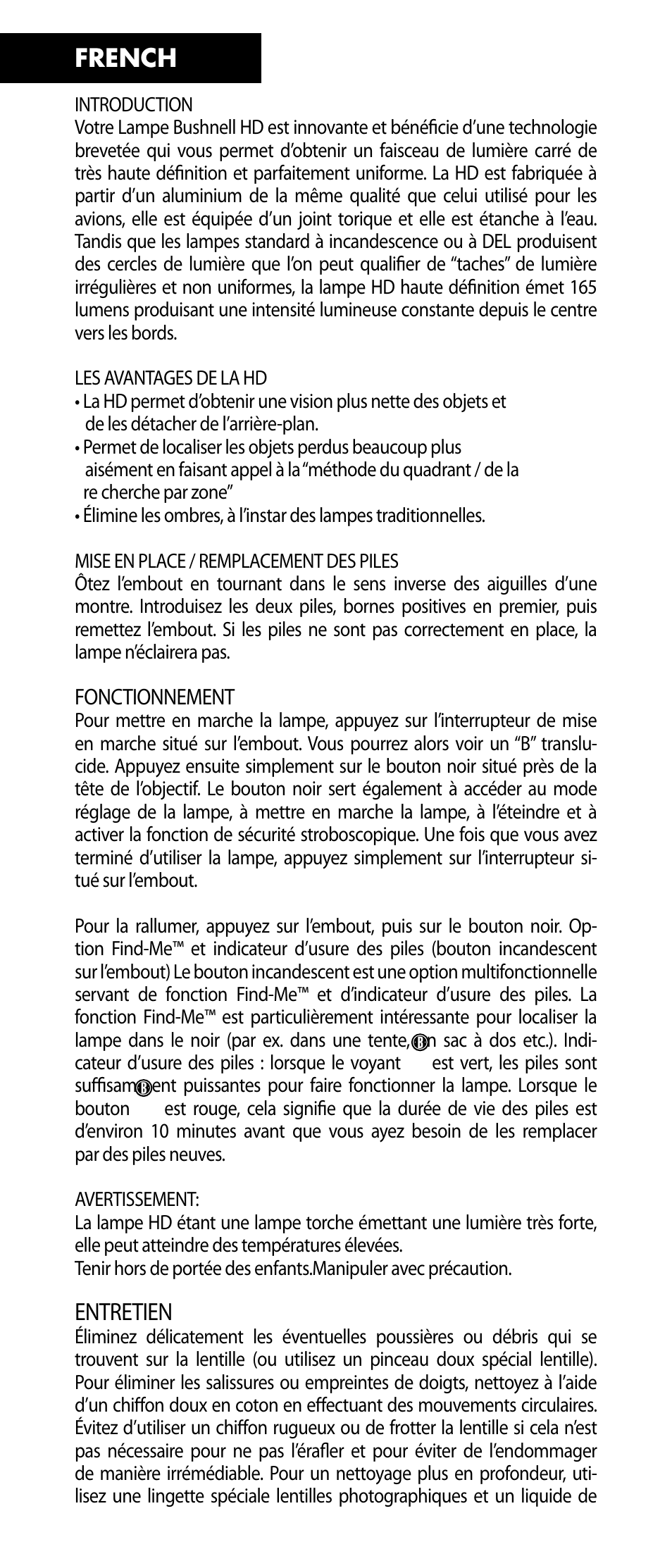 Entretien, French | Bushnell 98-1247/02-09 User Manual | Page 4 / 14