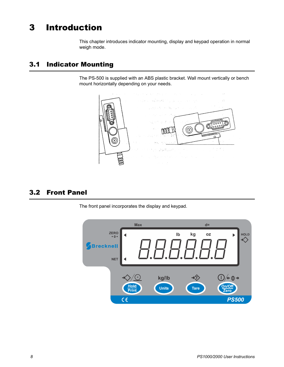 3 introduction, 1 indicator mounting, 2 front panel | Chapter 3 introduction, Indicator mounting front panel | Salter Brecknell PS2000 User Manual | Page 10 / 38