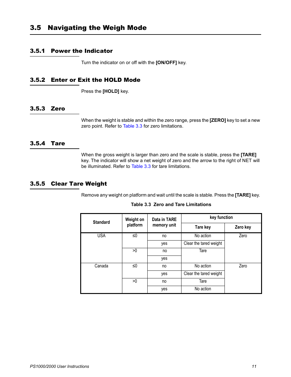 5 navigating the weigh mode, 1 power the indicator, 2 enter or exit the hold mode | 3 zero, 4 tare, 5 clear tare weight, Navigating the weigh mode | Salter Brecknell PS2000 User Manual | Page 13 / 38