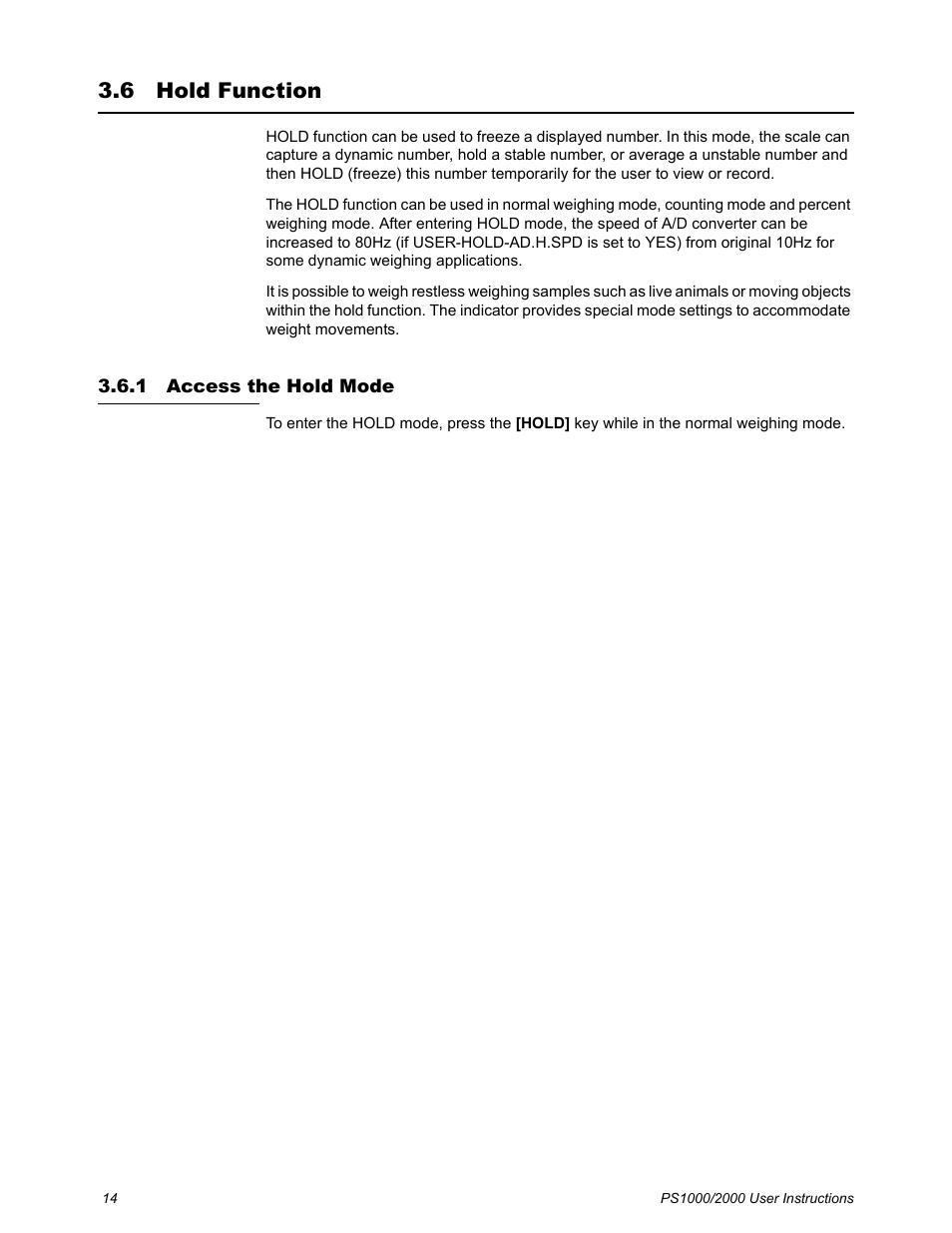 6 hold function, 1 access the hold mode, Hold function | Access the hold mode | Salter Brecknell PS2000 User Manual | Page 16 / 38