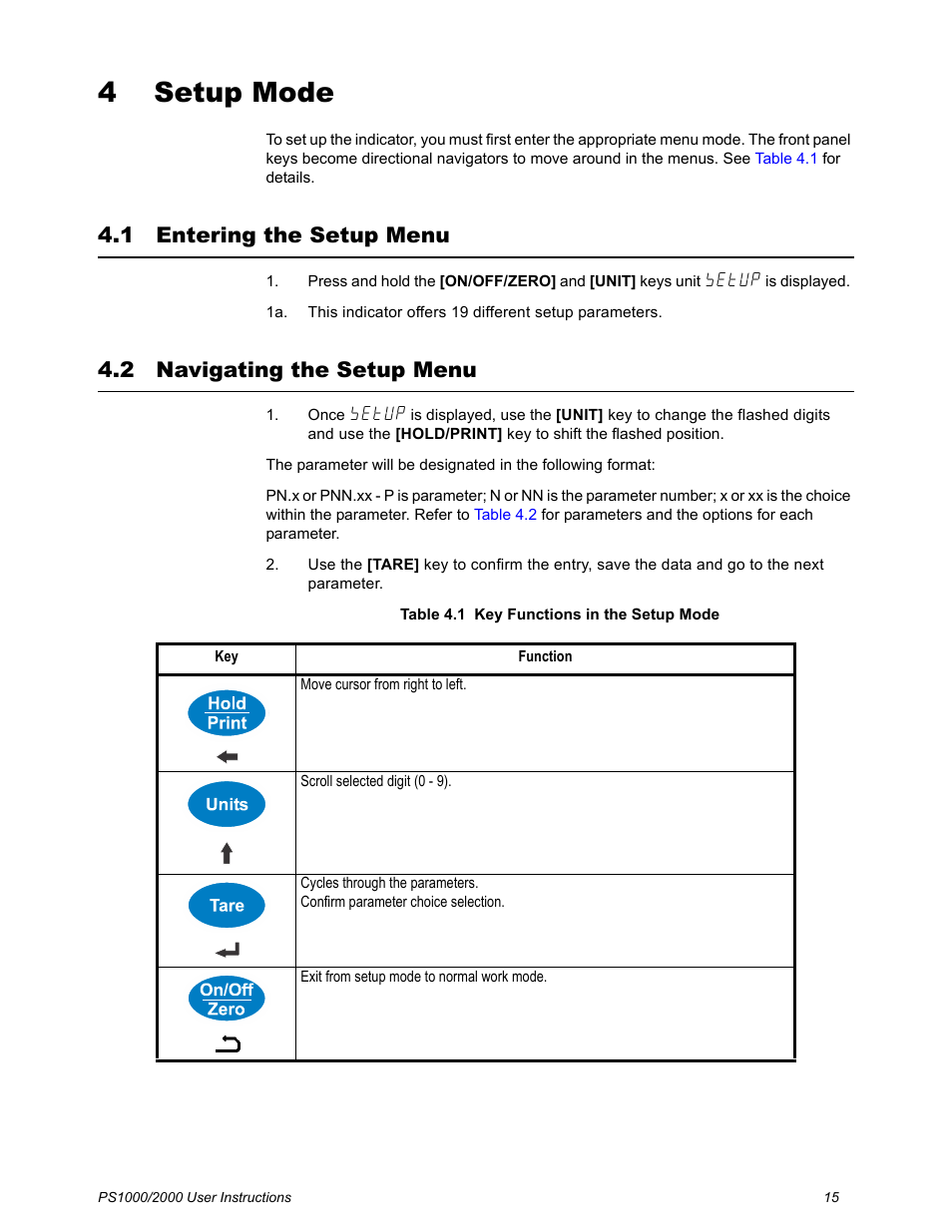 4 setup mode, 1 entering the setup menu, 2 navigating the setup menu | Chapter 4 setup mode, Entering the setup menu navigating the setup menu | Salter Brecknell PS2000 User Manual | Page 17 / 38