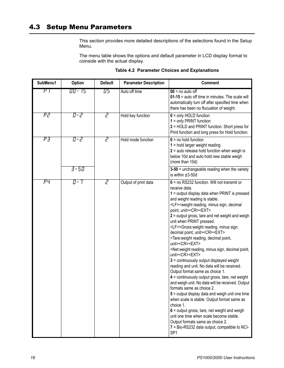 3 setup menu parameters, Setup menu parameters, Table 4.2 | Salter Brecknell PS2000 User Manual | Page 18 / 38