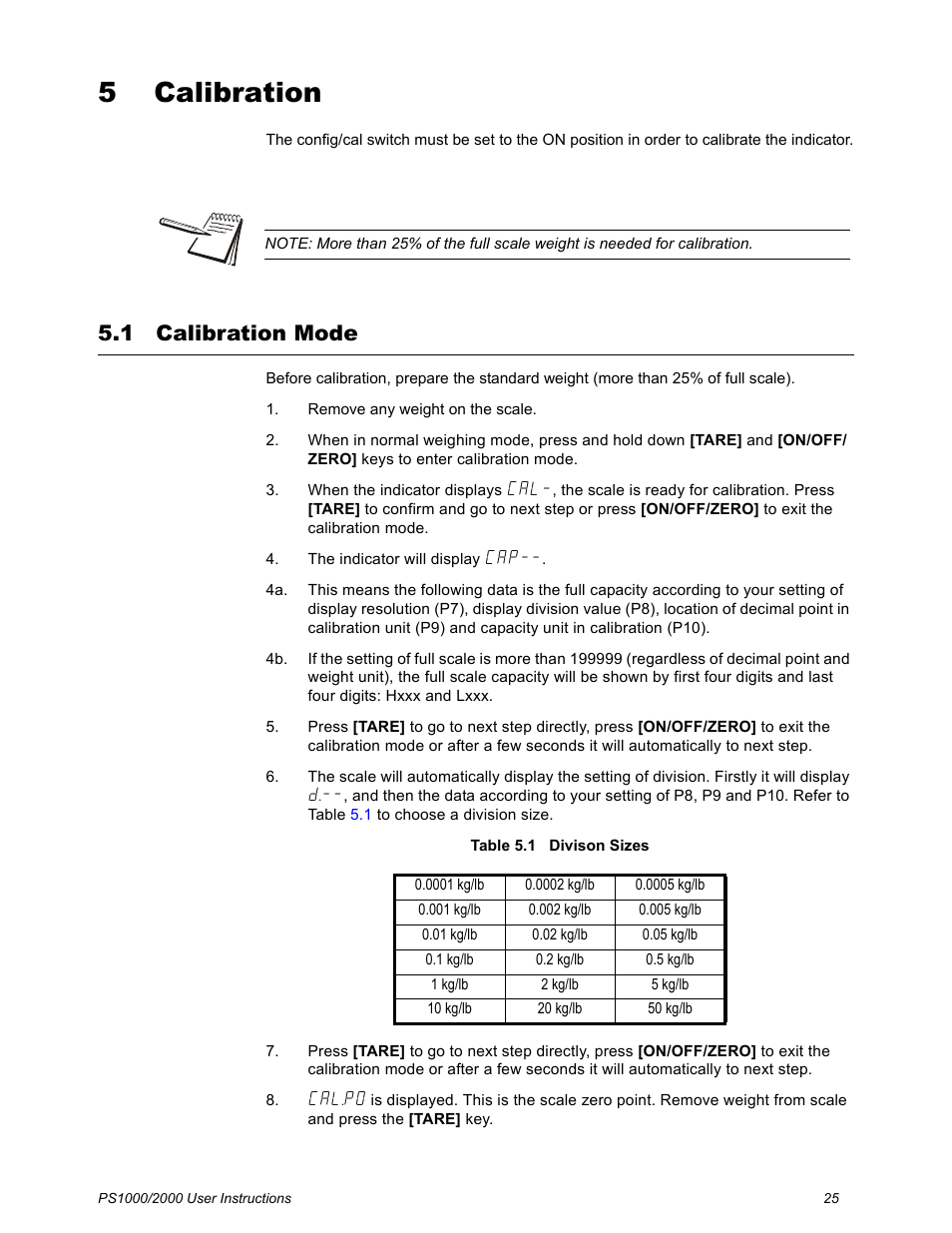 5 calibration, 1 calibration mode, Chapter 5 calibration | Calibration mode | Salter Brecknell PS2000 User Manual | Page 27 / 38