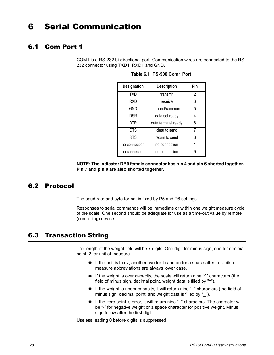 6 serial communication, 1 com port 1, 2 protocol | 3 transaction string, Chapter 6 serial communication, Com port 1 protocol transaction string | Salter Brecknell PS2000 User Manual | Page 30 / 38