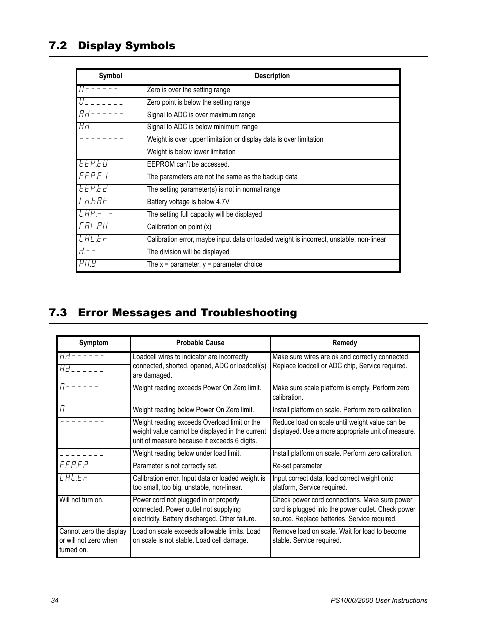 2 display symbols, 3 error messages and troubleshooting, Display symbols error messages and troubleshooting | Salter Brecknell PS2000 User Manual | Page 36 / 38