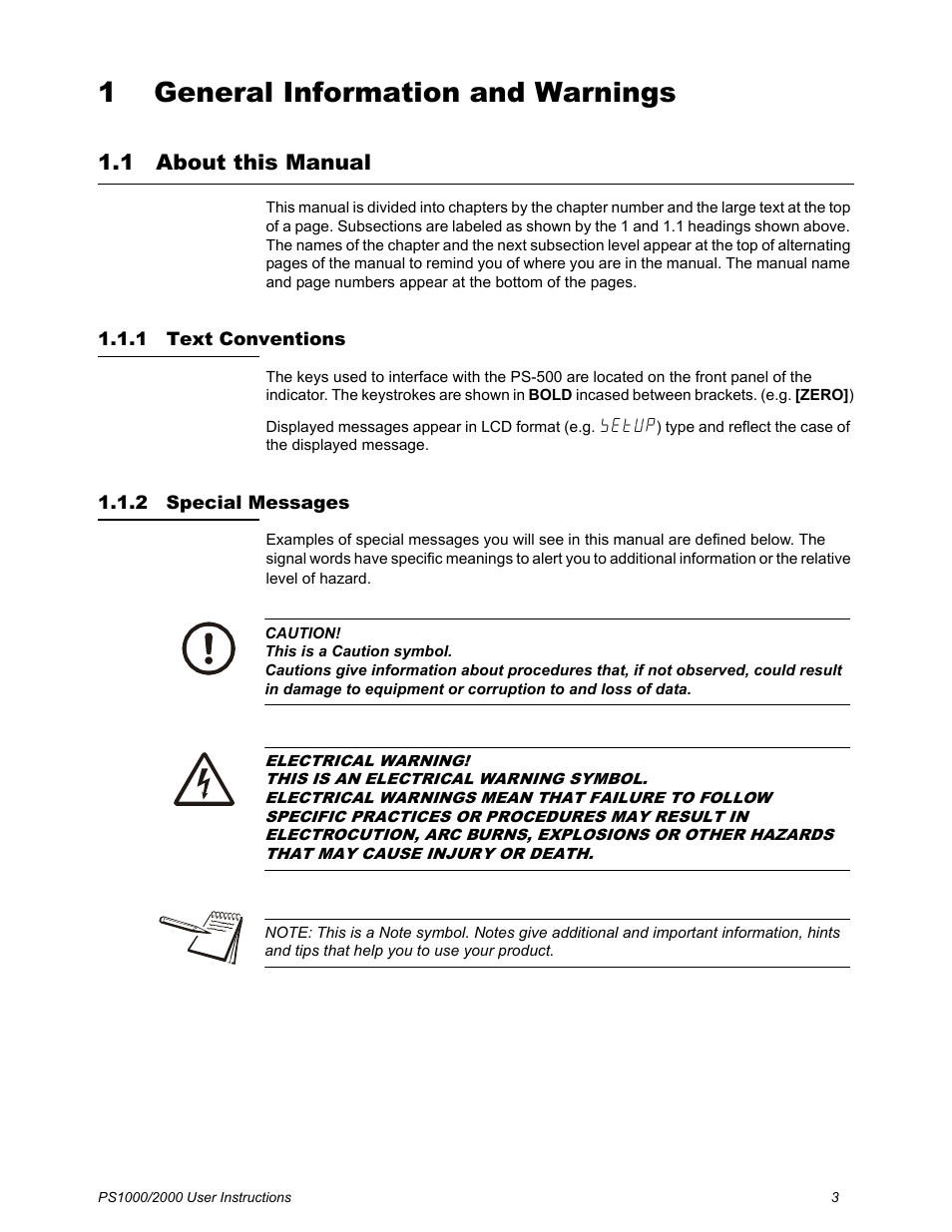 1 general information and warnings, 1 about this manual, 1 text conventions | 2 special messages, Chapter 1 general information and warnings, About this manual, Text conventions special messages | Salter Brecknell PS2000 User Manual | Page 5 / 38