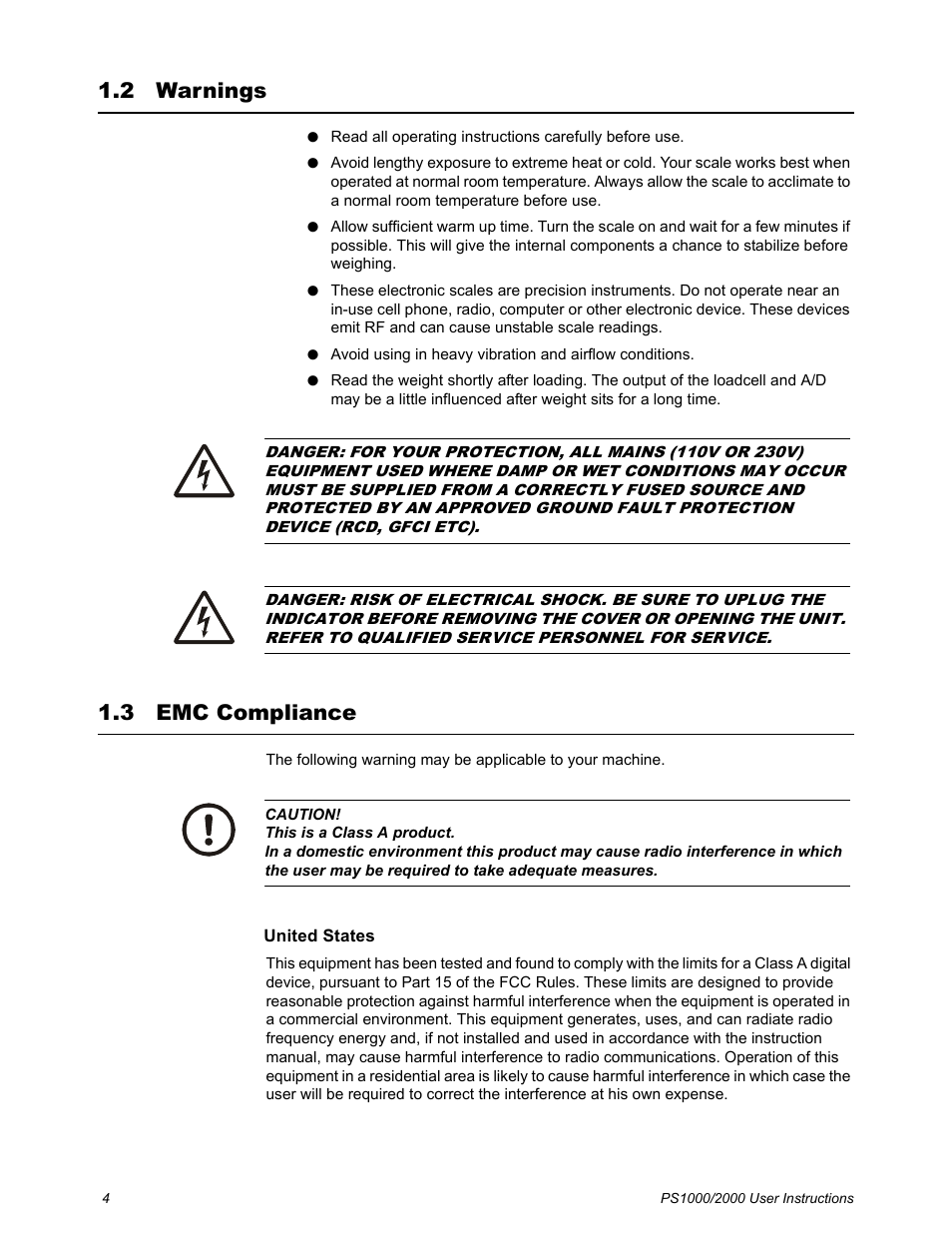 2 warnings, 3 emc compliance, Warnings emc compliance | Salter Brecknell PS2000 User Manual | Page 6 / 38