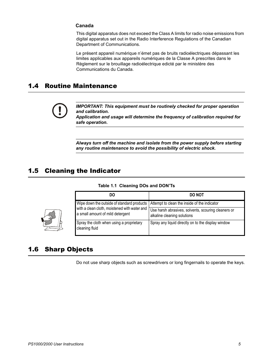 4 routine maintenance, 5 cleaning the indicator, 6 sharp objects | Salter Brecknell PS2000 User Manual | Page 7 / 38