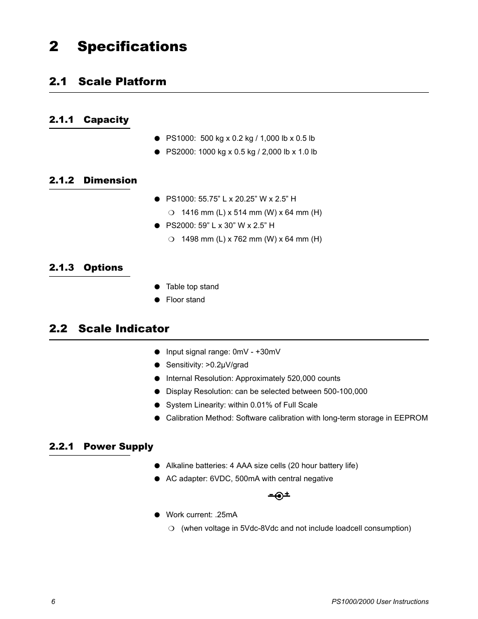 2 specifications, 1 scale platform, 1 capacity | 2 dimension, 3 options, 2 scale indicator, 1 power supply, Chapter 2 specifications, Scale platform, Capacity dimension options | Salter Brecknell PS2000 User Manual | Page 8 / 38