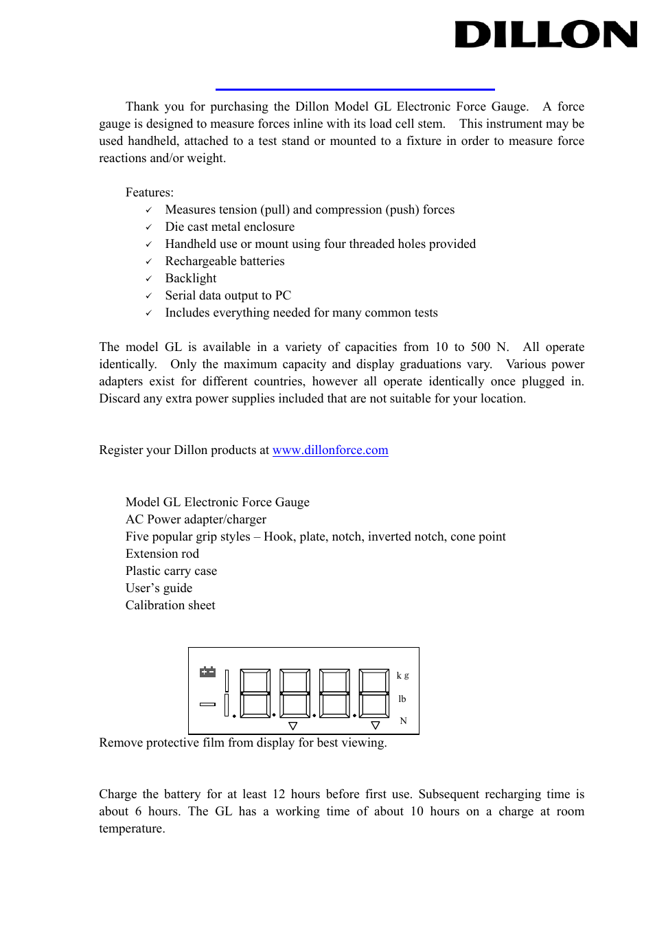 Dillon GL Electronic Force Gauge User Manual | 4 pages