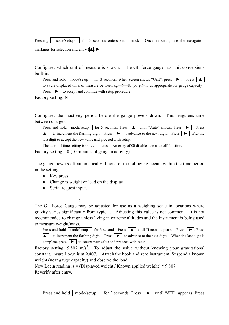 Setup mode, Unit of measure, Automatic power off | Local gravity constant, Reset factory defaults | Dillon GL Electronic Force Gauge User Manual | Page 3 / 4