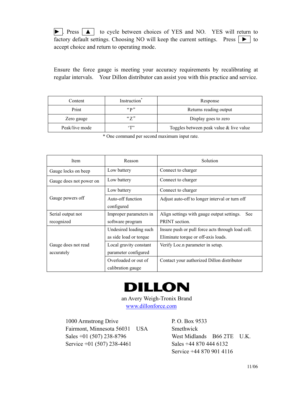 Serial inputs, Recalibration, Trouble shooting | Dillon GL Electronic Force Gauge User Manual | Page 4 / 4