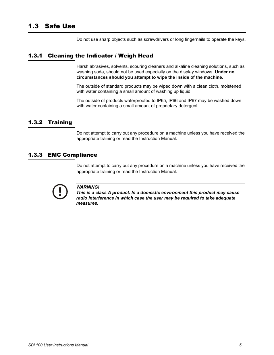 3 safe use, 1 cleaning the indicator / weigh head, 2 training | 3 emc compliance, Safe use | Salter Brecknell SBI100 User Manual | Page 7 / 34