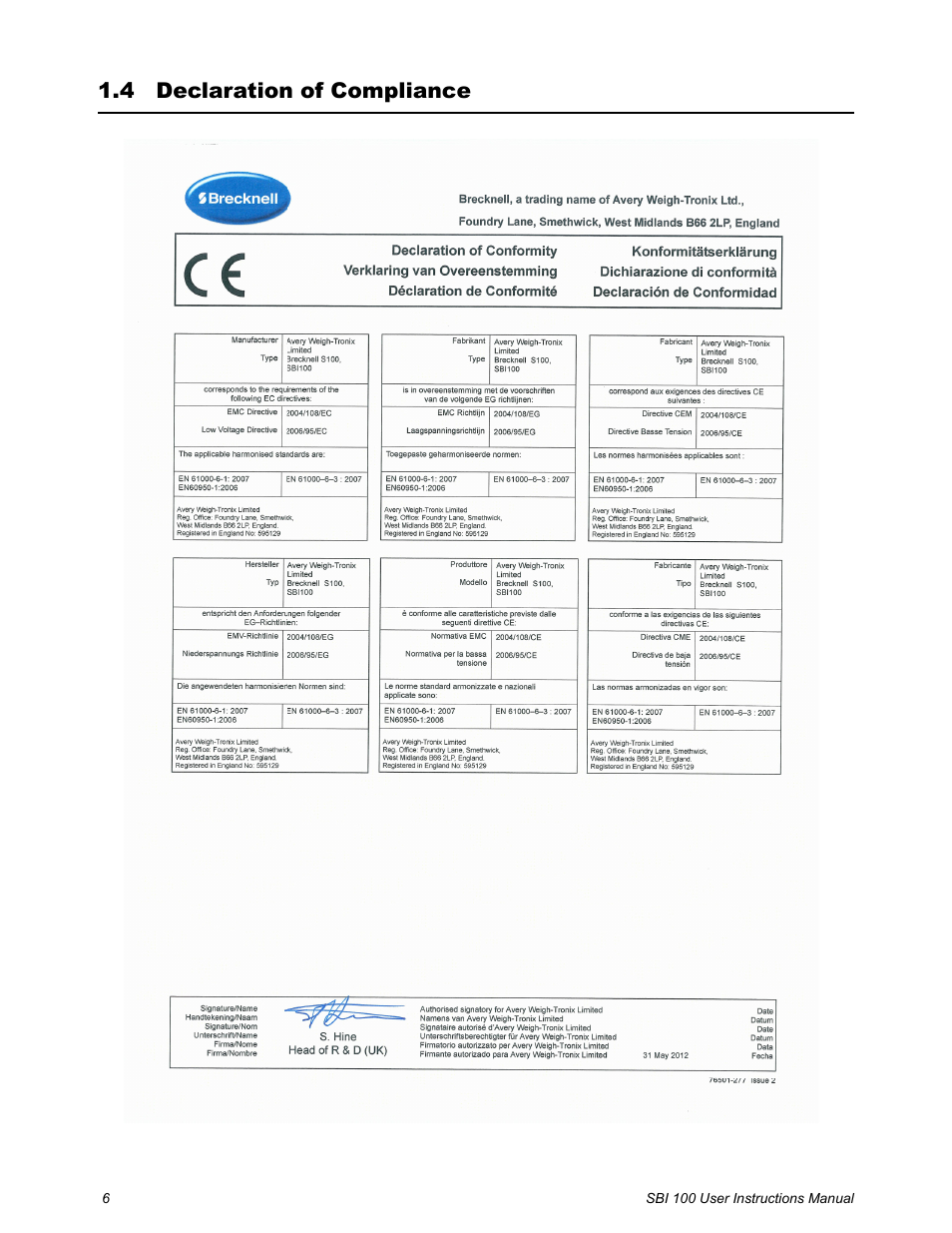 4 declaration of compliance, Declaration of compliance | Salter Brecknell SBI100 User Manual | Page 8 / 34