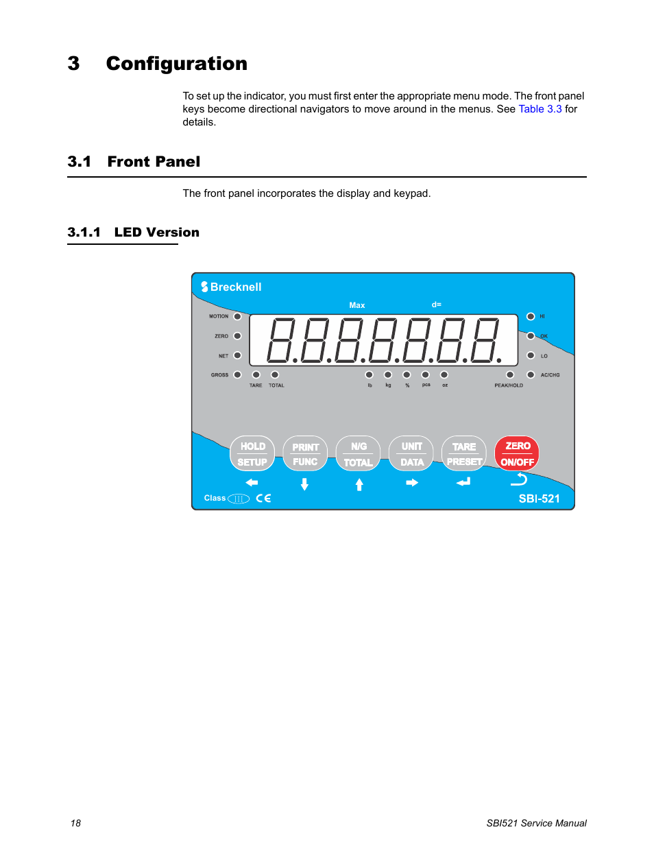 3 configuration, 1 front panel, 1 led version | Chapter 3 configuration, Front panel, Led version | Salter Brecknell WB-521 Series User Manual | Page 20 / 82