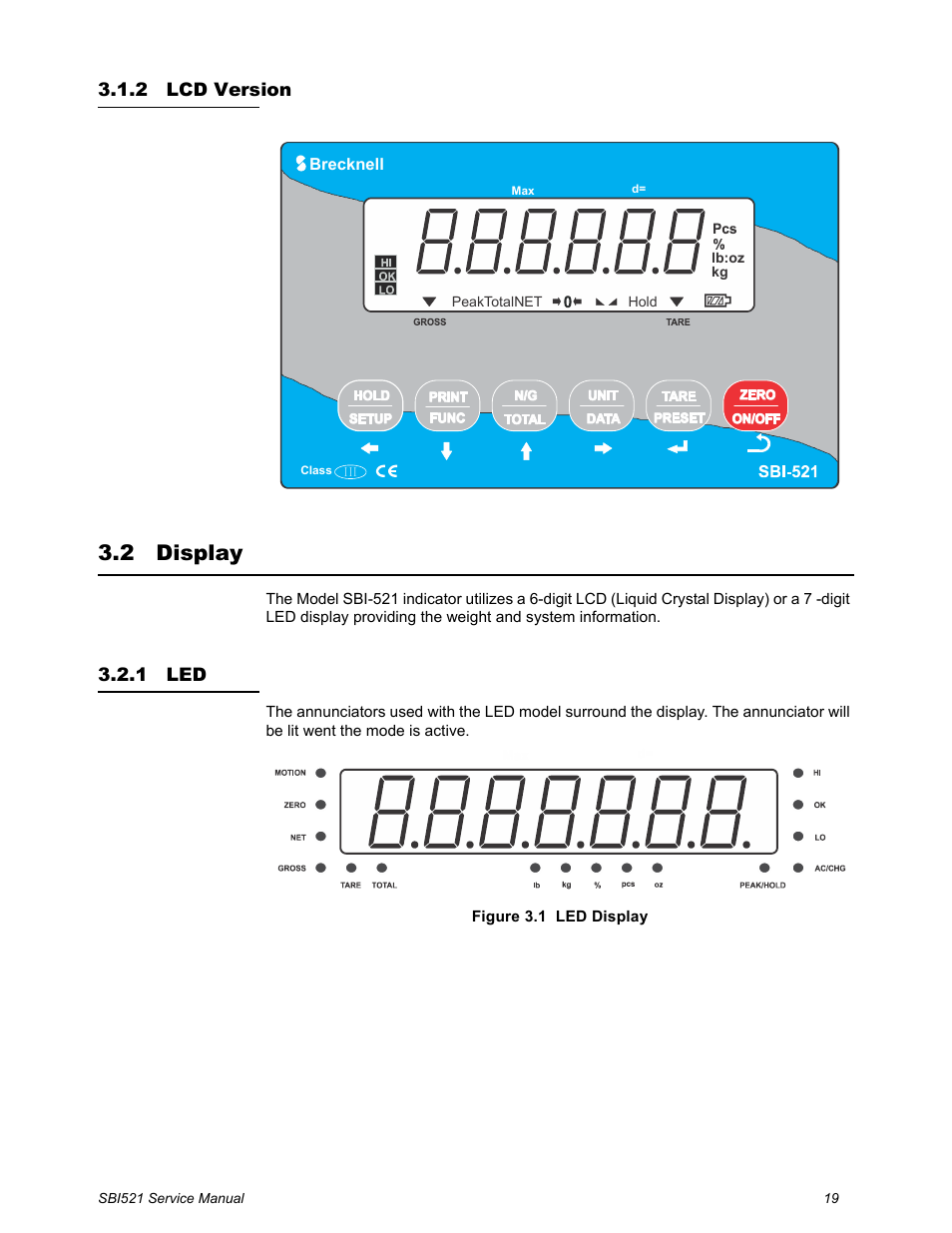 2 lcd version, 2 display, 1 led | Lcd version, Display | Salter Brecknell WB-521 Series User Manual | Page 21 / 82