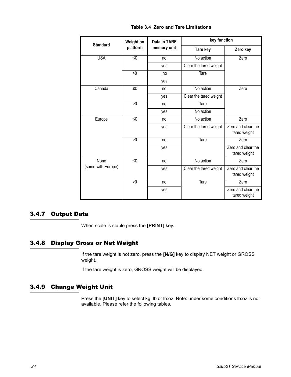 7 output data, 8 display gross or net weight, 9 change weight unit | Table 3.4, Refer to | Salter Brecknell WB-521 Series User Manual | Page 26 / 82