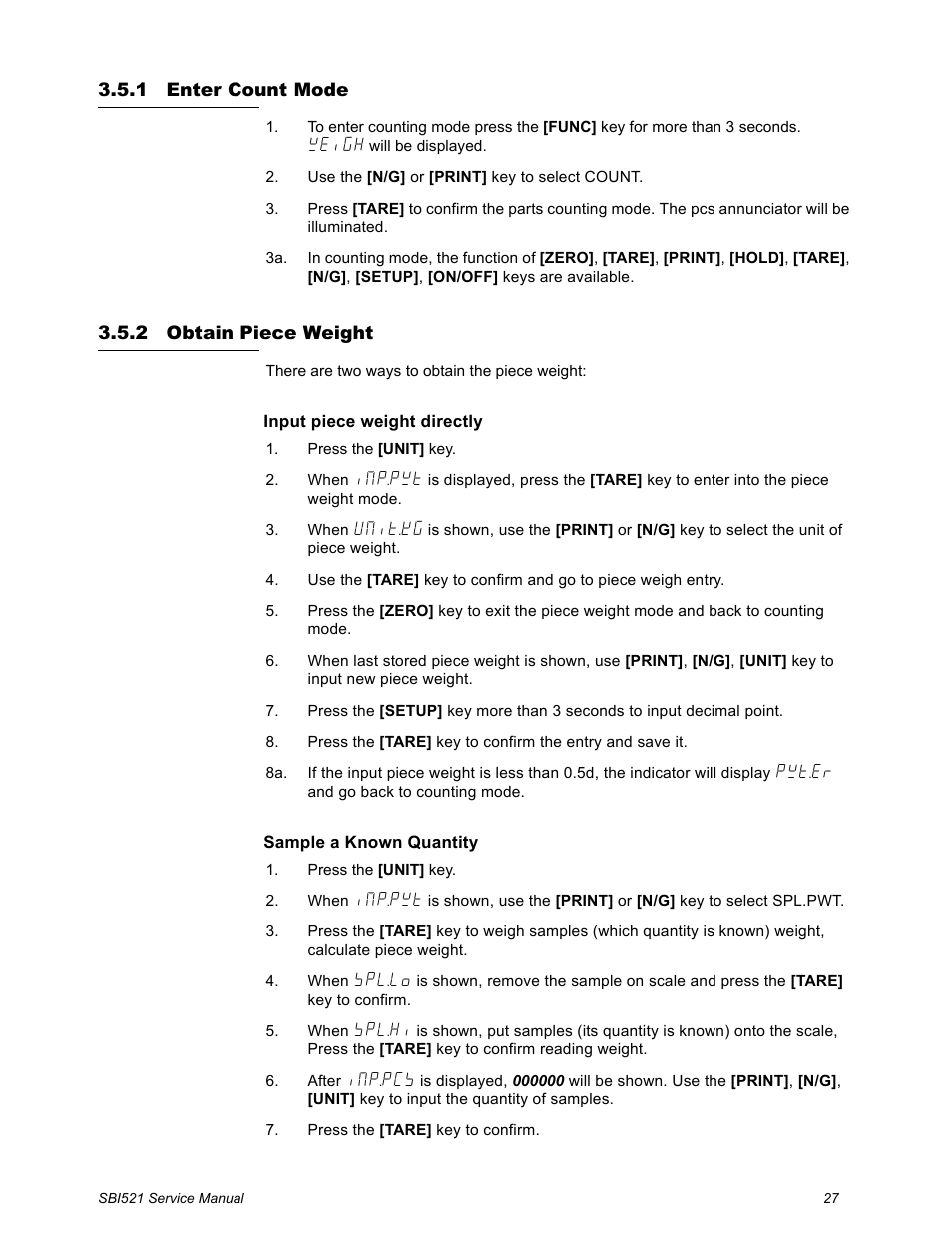 1 enter count mode, 2 obtain piece weight, Enter count mode obtain piece weight | Salter Brecknell WB-521 Series User Manual | Page 29 / 82