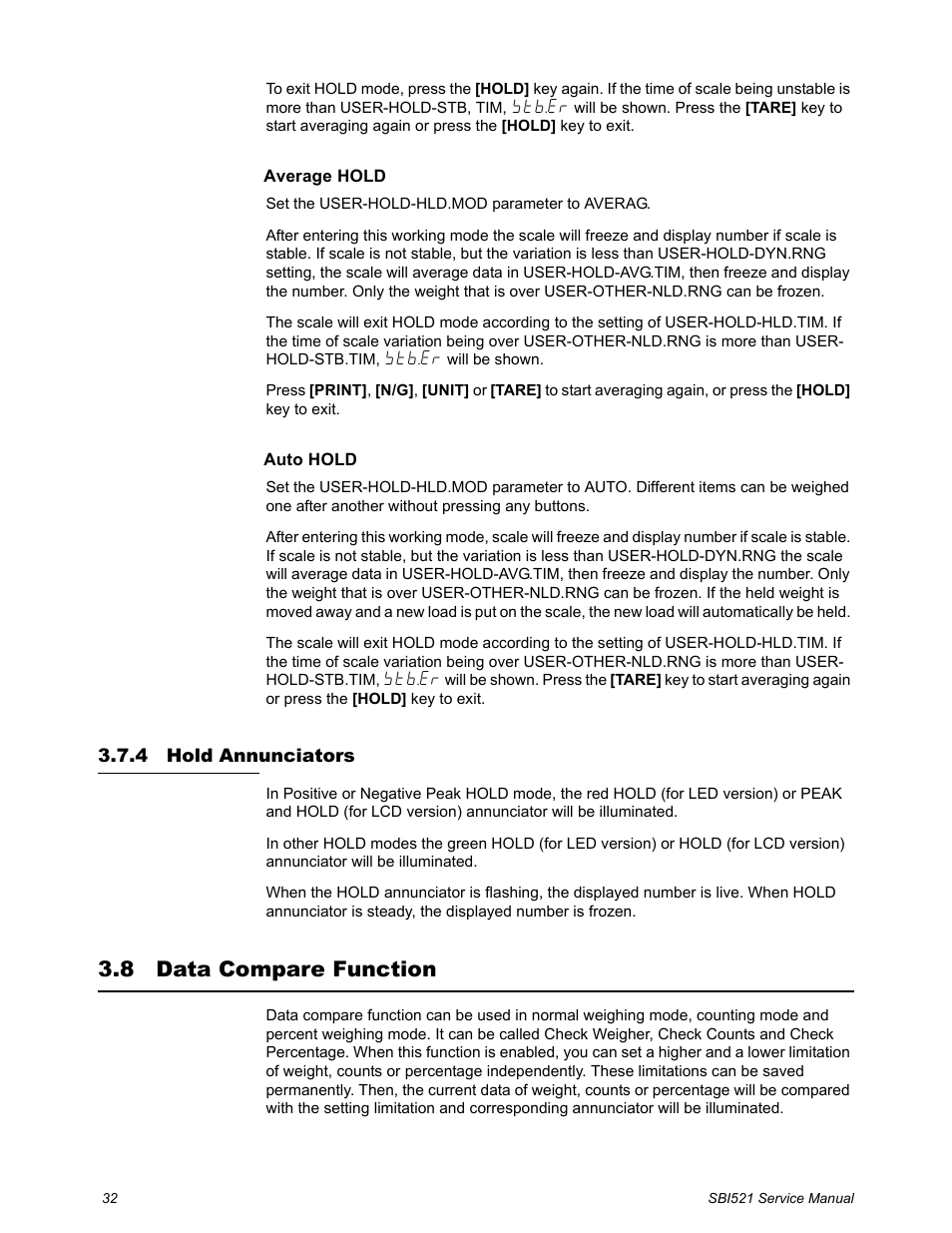 4 hold annunciators, 8 data compare function, Hold annunciators | Data compare function | Salter Brecknell WB-521 Series User Manual | Page 34 / 82