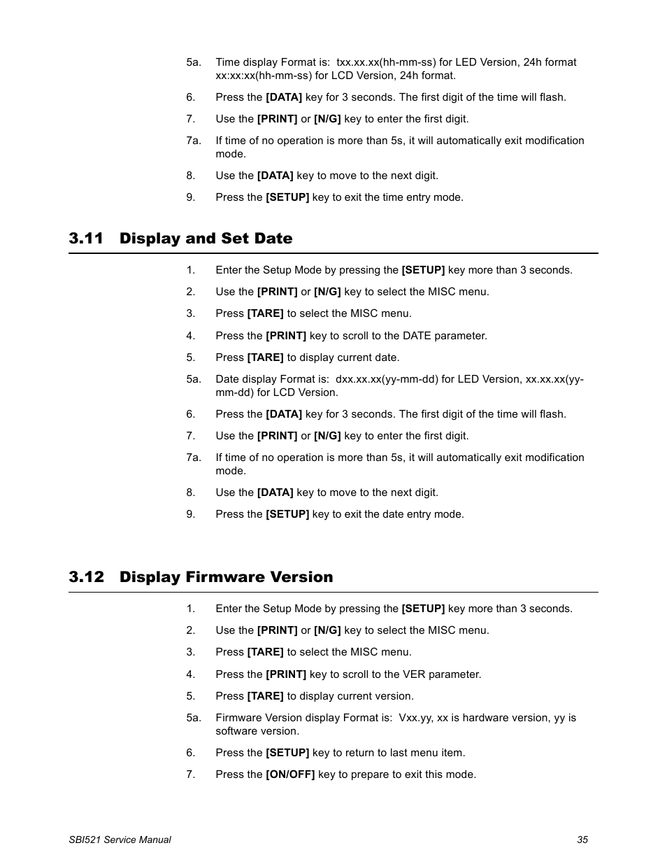 11 display and set date, 12 display firmware version, Display and set date display firmware version | Salter Brecknell WB-521 Series User Manual | Page 37 / 82