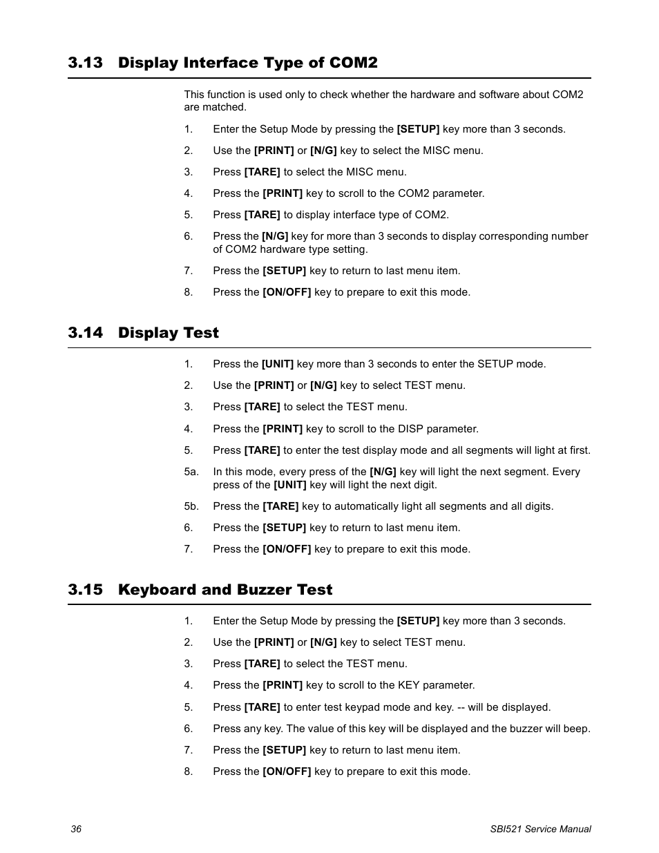 13 display interface type of com2, 14 display test, 15 keyboard and buzzer test | Salter Brecknell WB-521 Series User Manual | Page 38 / 82