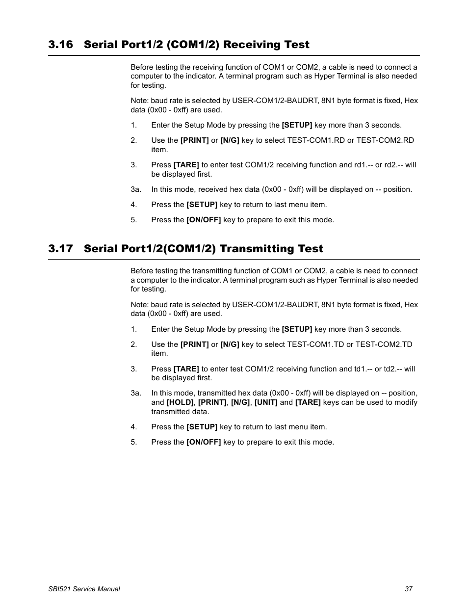 16 serial port1/2 (com1/2) receiving test, 17 serial port1/2(com1/2) transmitting test | Salter Brecknell WB-521 Series User Manual | Page 39 / 82