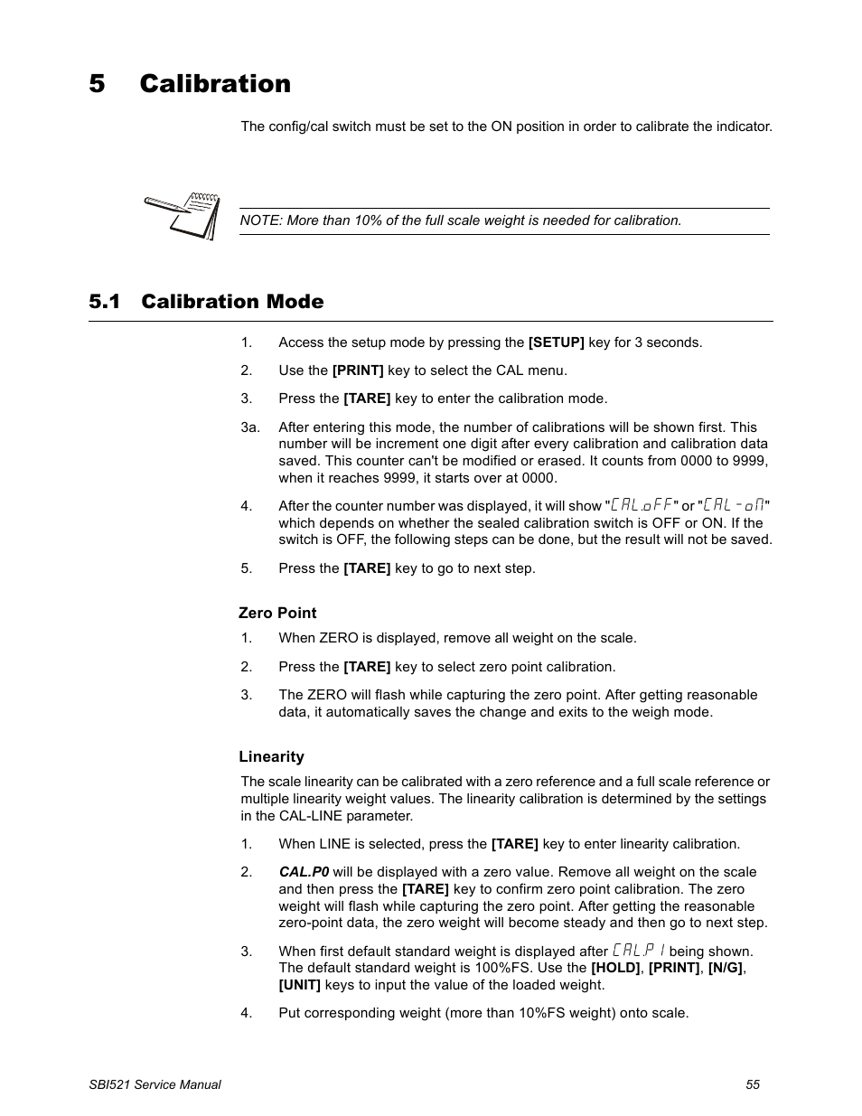 5 calibration, 1 calibration mode, Chapter 5 calibration | Calibration mode | Salter Brecknell WB-521 Series User Manual | Page 57 / 82