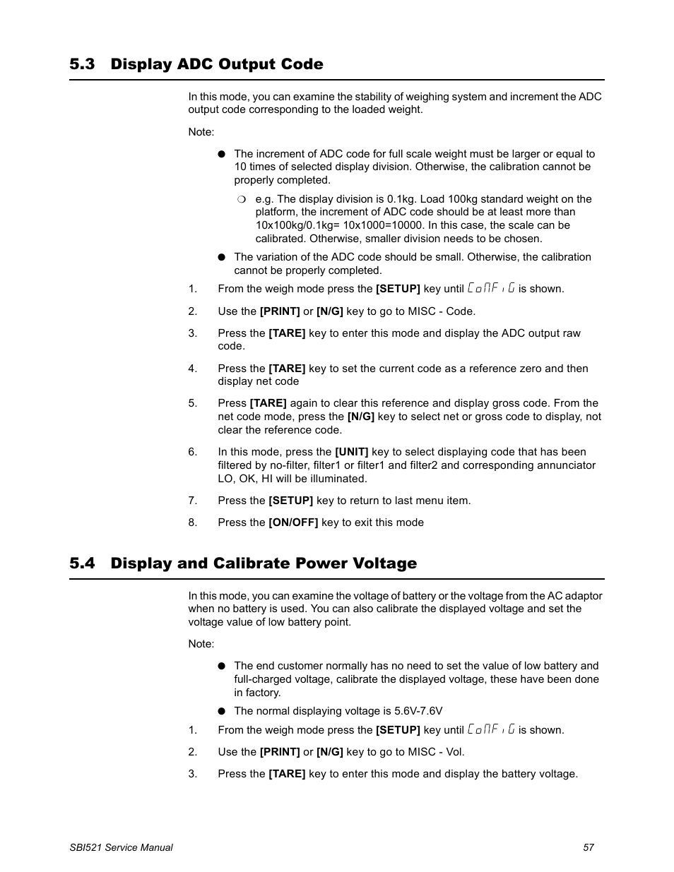 3 display adc output code, 4 display and calibrate power voltage | Salter Brecknell WB-521 Series User Manual | Page 59 / 82