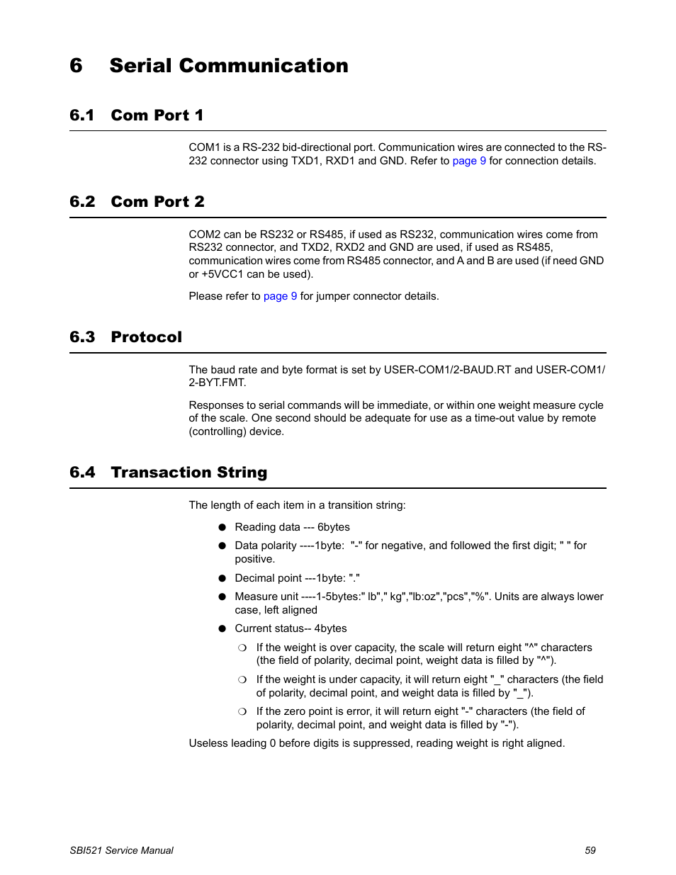 6 serial communication, 1 com port 1, 2 com port 2 | 3 protocol, 4 transaction string, Chapter 6 serial communication, Com port 1 com port 2 protocol transaction string | Salter Brecknell WB-521 Series User Manual | Page 61 / 82