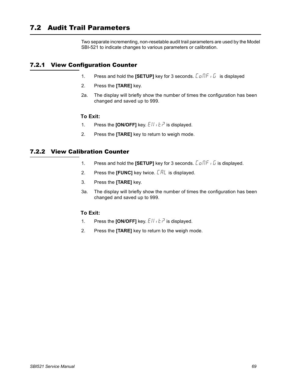 2 audit trail parameters, 1 view configuration counter, 2 view calibration counter | Audit trail parameters | Salter Brecknell WB-521 Series User Manual | Page 71 / 82