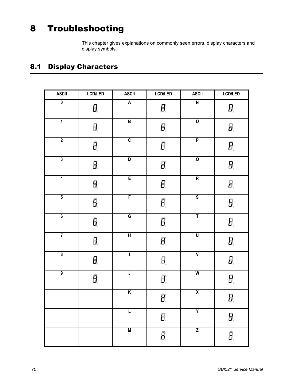 8 troubleshooting, 1 display characters, Chapter 8 troubleshooting | Display characters | Salter Brecknell WB-521 Series User Manual | Page 72 / 82